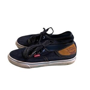 Levi’s Unisex Youth Size 2 Denim Sneakers in Dark Wash Blue, Tan and White